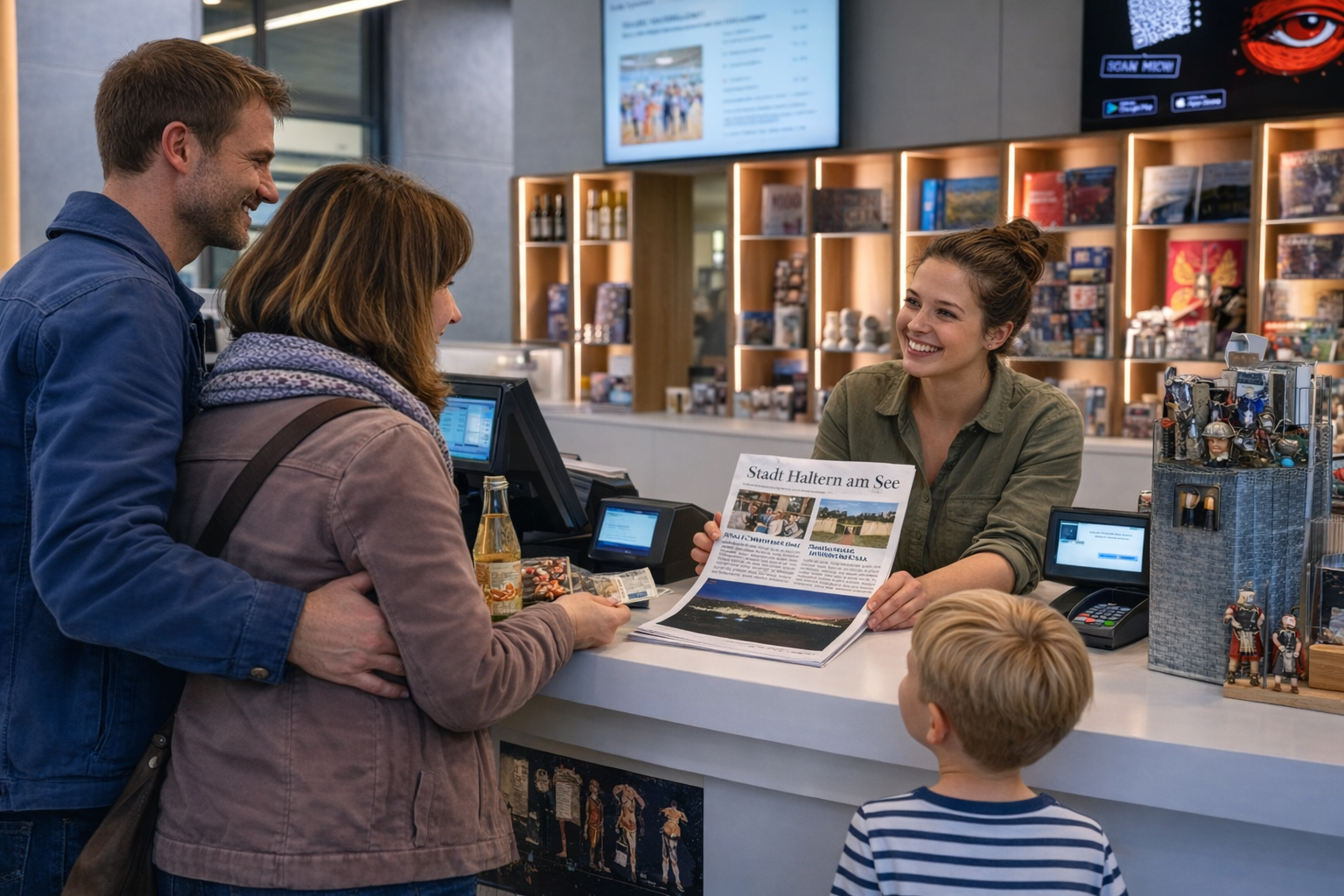 Familie im Foyer beim Kauf der Eintrittskarten