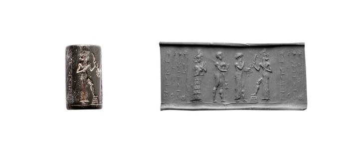 Prähistorisches Rollsiegel aus Vorderasien mit Abrollung