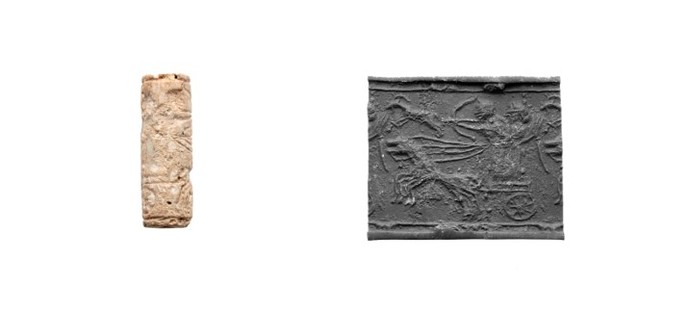 Prähistorisches Rollsiegel aus Vorderasien mit Abrollung