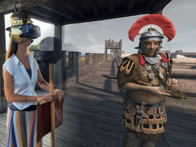 VR-Brille im Römerhelm und römischer Centurio